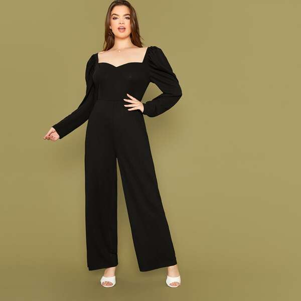 

Plus Zipper Back Gigot Sleeve Palazzo Jumpsuit, Black