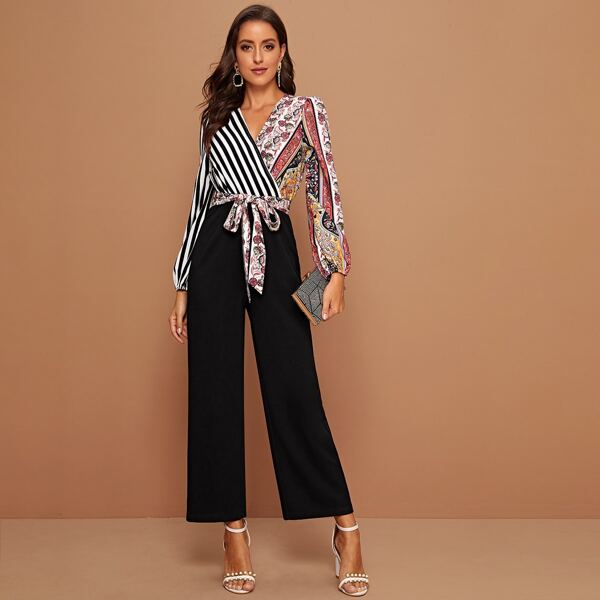 

Mixed Print Belted Combo Jumpsuit, Multicolor