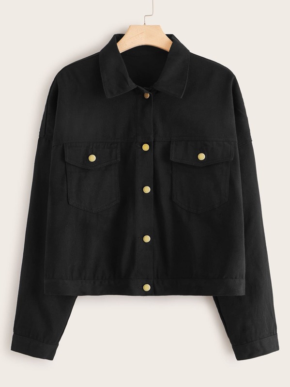 

Plus Flap Pocket Trucker Denim Jacket, Black