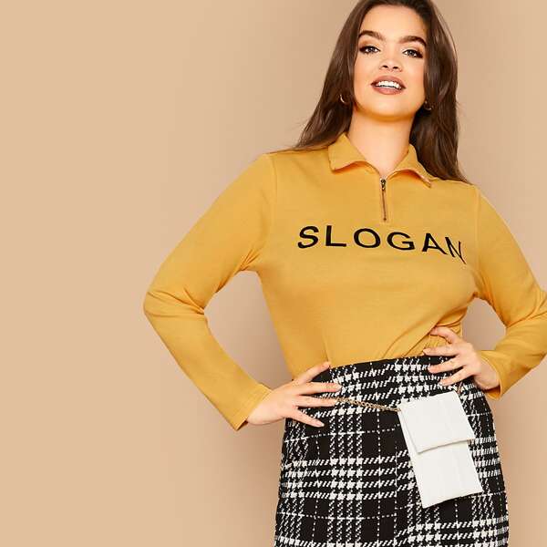 

Plus Slogan Zip Half Placket Tee, Yellow