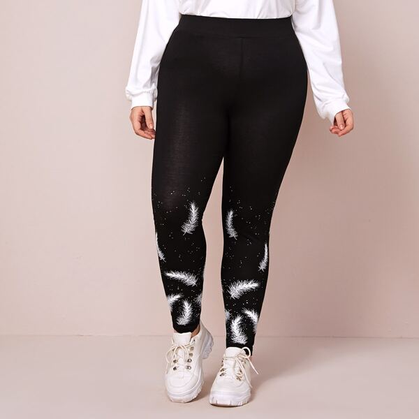 

Plus Feather Print Wide Band Waist Leggings, Black