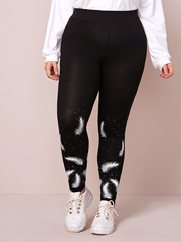 

Plus Feather Print Wide Band Waist Leggings, Black, Ella