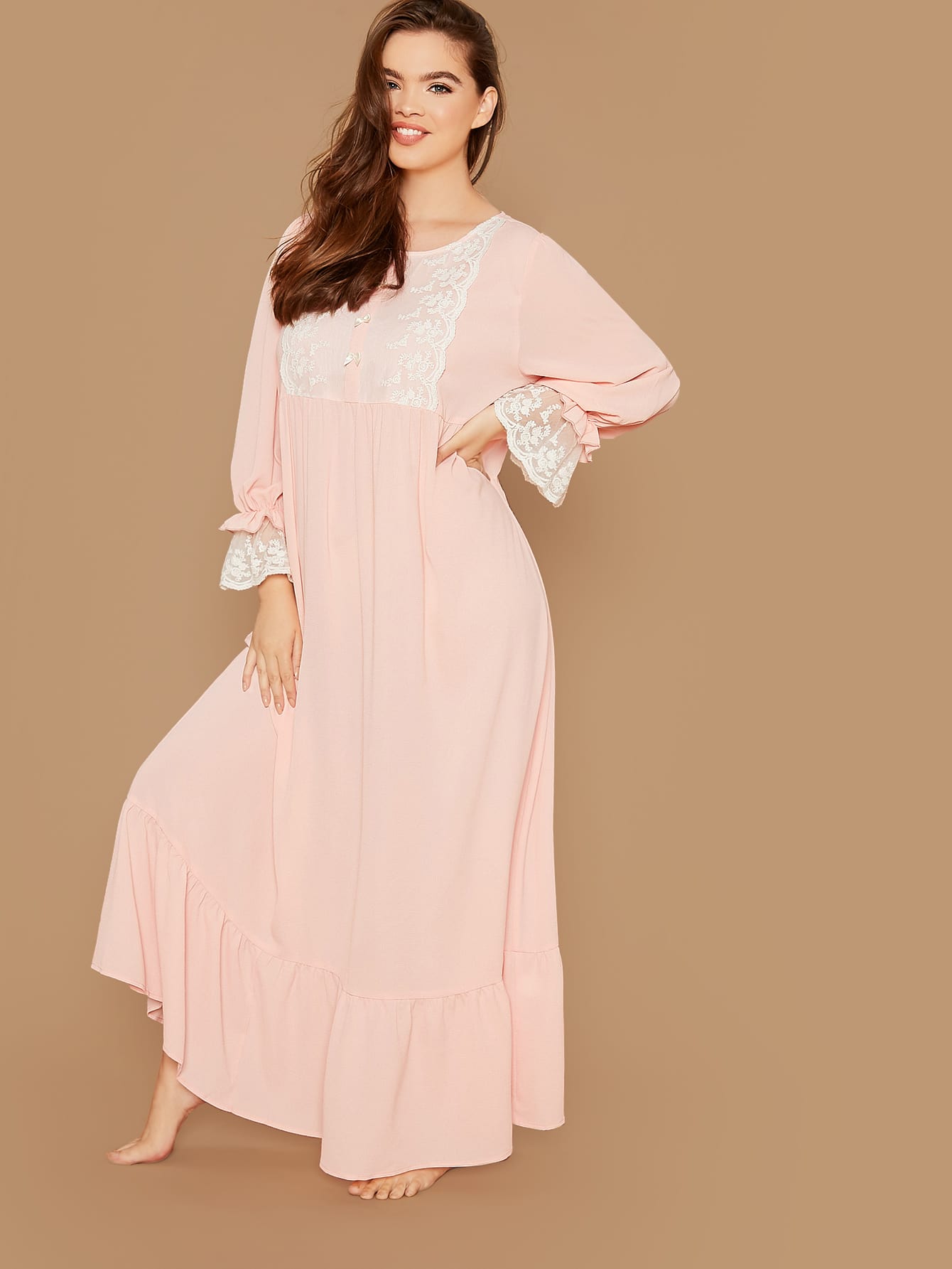 plus contrast lace detail ruffle trim nightdress
