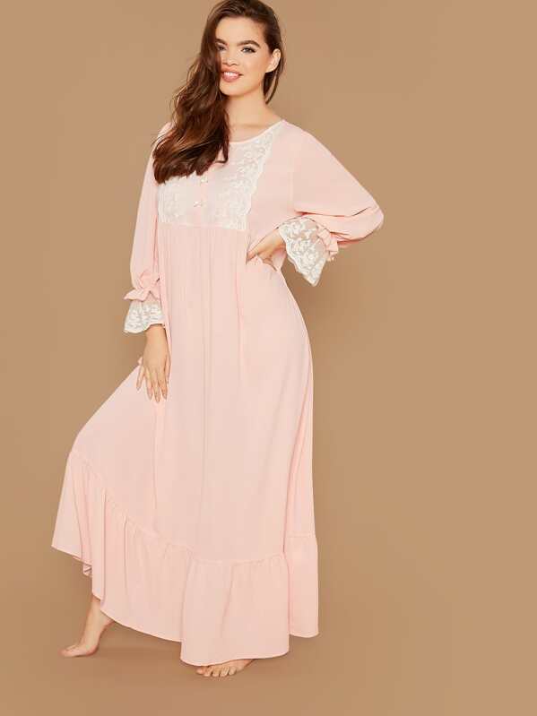 

Plus Contrast Lace Detail Ruffle Trim Nightdress, Pink, Faith Bowman