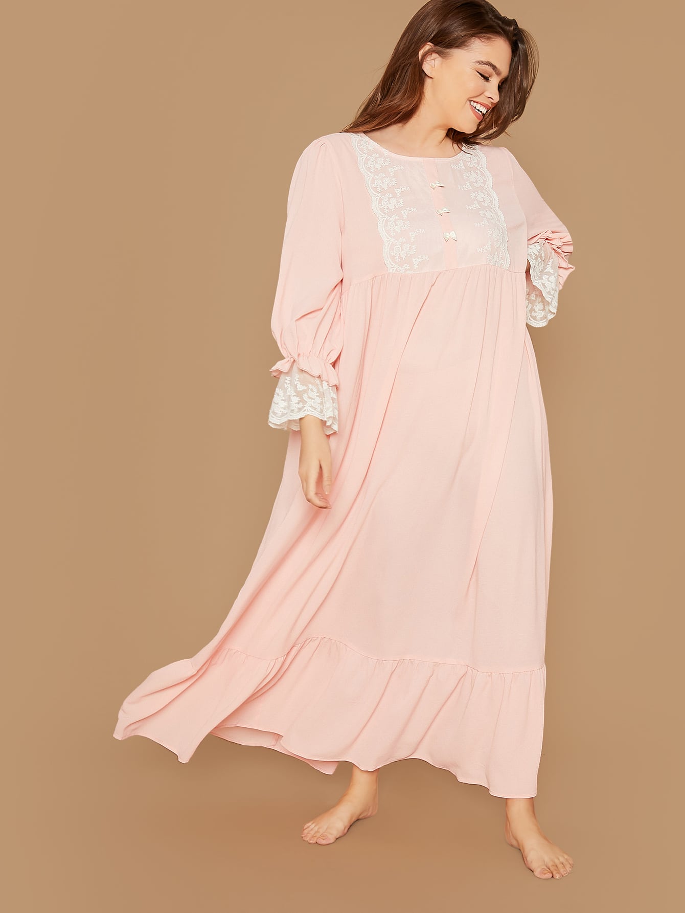 plus contrast lace detail ruffle trim nightdress