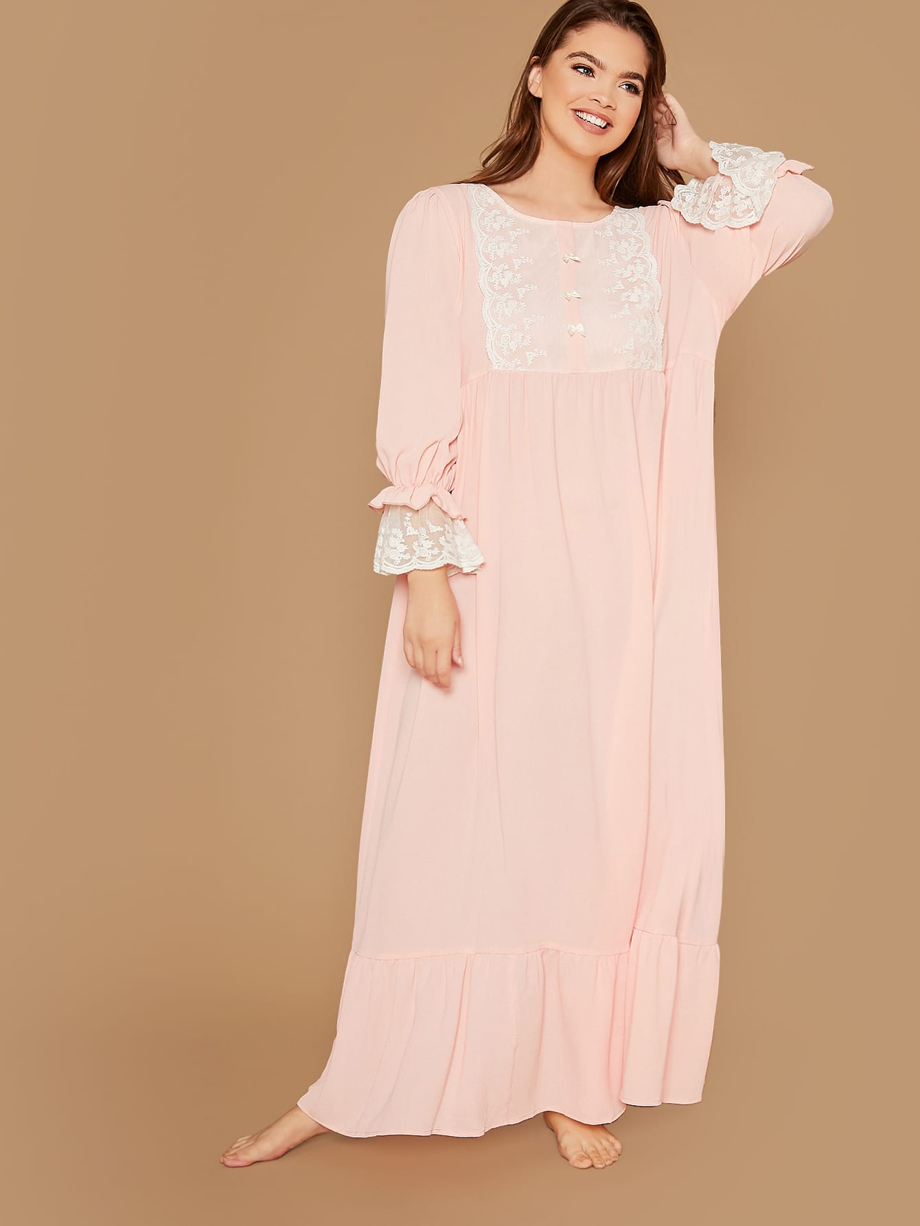 plus contrast lace detail ruffle trim nightdress