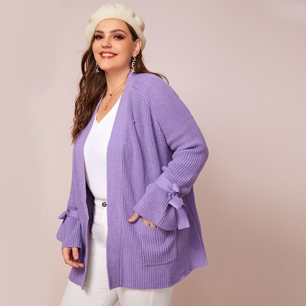 

Plus Open Front Patch Pocket Knot Sleeve Cardigan, Purple pastel