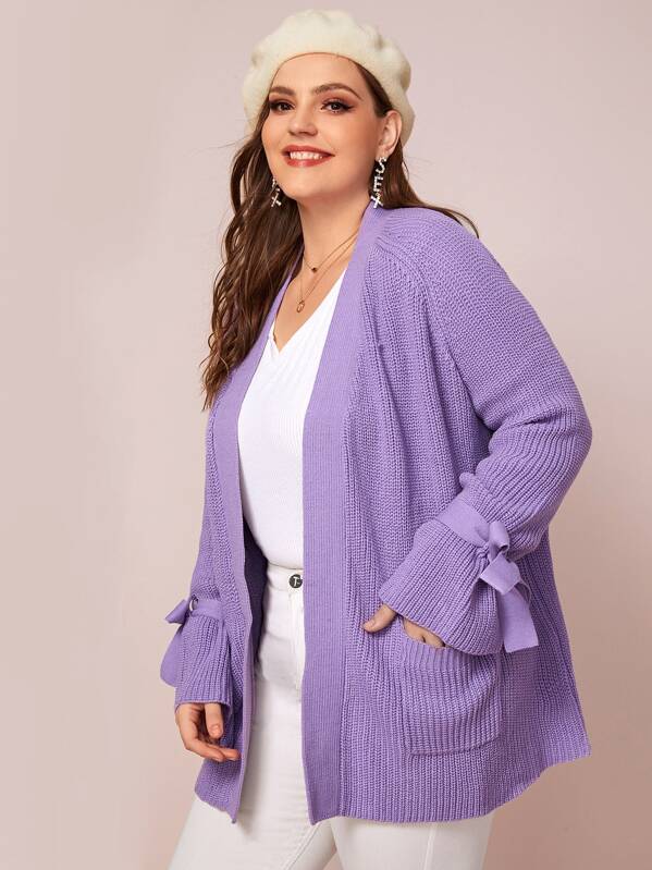 

Plus Open Front Patch Pocket Knot Sleeve Cardigan, Purple, Ella