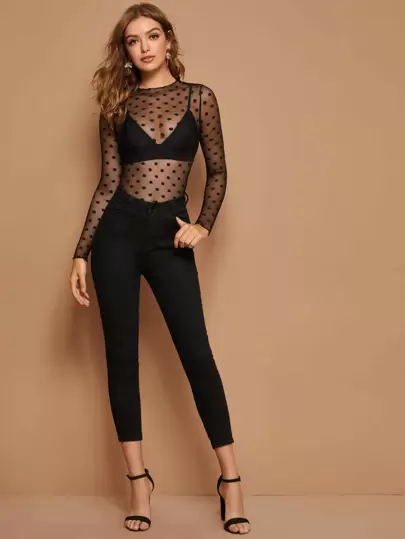 SHEIN BAE Polka Dot Sheer Mesh Top Without Bra