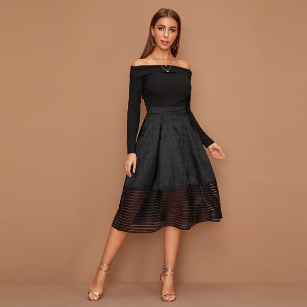 

Foldover Front Bardot Top and Pleated Jacquard Skirt Set, Black