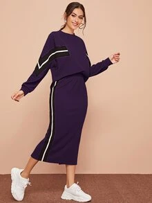 SHEIN 鋸齒紋上衣和拼接側縫開衩半身裙套裝 - 紫色 - 查看 5