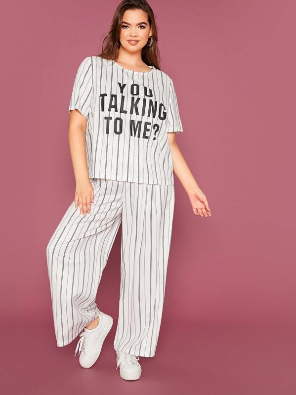 

Plus Slogan Graphic Striped Top & Pants Set, White, Faith Bowman