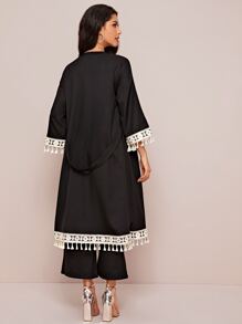 Mulvari Embroidered Tape and Tassel Trim Abaya and Palazzo Pants Set - Black - View 2