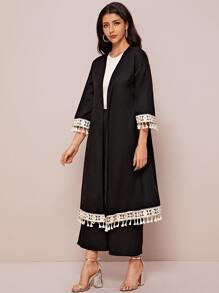 Mulvari Embroidered Tape and Tassel Trim Abaya and Palazzo Pants Set - Black - View 5
