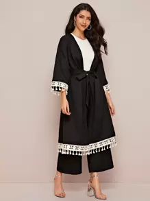 Mulvari Embroidered Tape and Tassel Trim Abaya and Palazzo Pants Set - Black - View 1