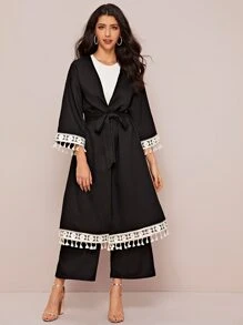 Mulvari Embroidered Tape and Tassel Trim Abaya and Palazzo Pants Set - Black - View 3
