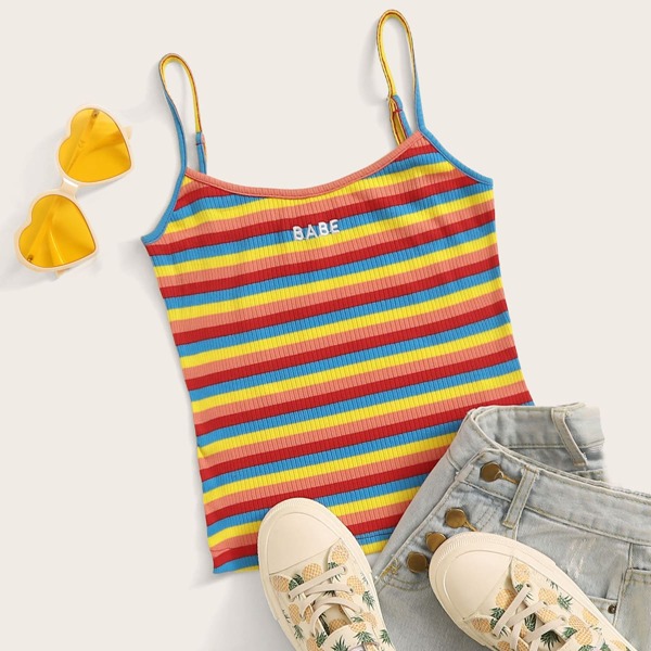 

Rainbow Stripe Embroidery Letter Cami Top, Multicolor bright