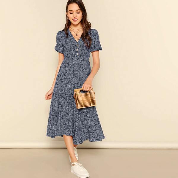 

Allover Print Ruffle Cuff Button Detail Dress, Navy