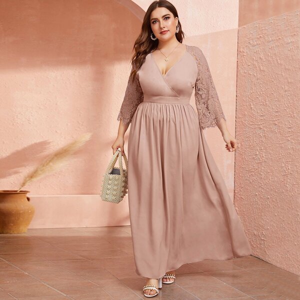 

Plus Surplice Neck Lace Raglan Sleeve Dress, Pastel dusty pink