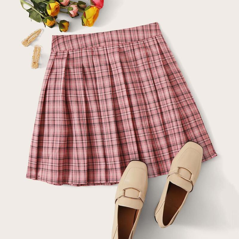

Pleated Plaid Skater Skirt, Pink