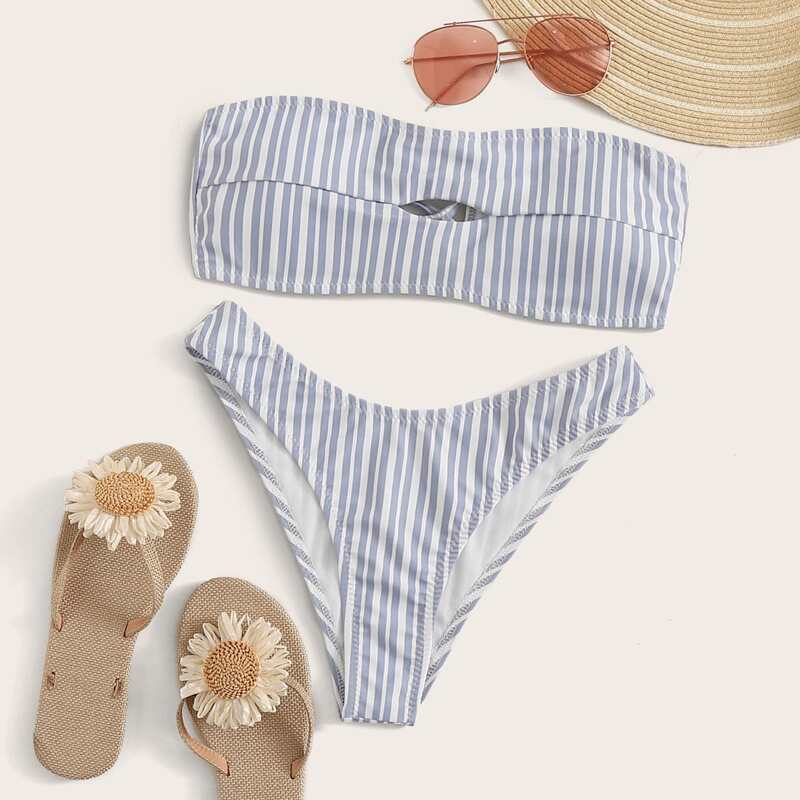 

Striped Bandeau Top With High Cut Bikini, Grey