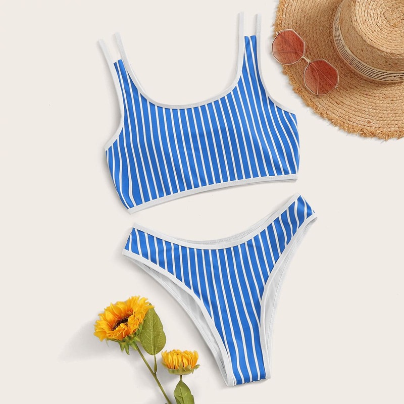 

Striped Top With High Cut Bikini Set, Blue