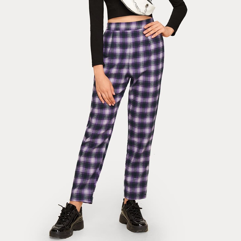 

Tartan Straight Leg Cropped Pants, Purple