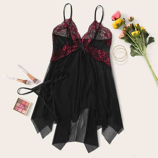 

Plus Contrast Lace Mesh Slips With Thong, Black