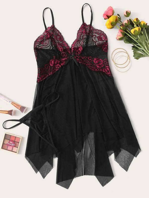 

Plus Contrast Lace Mesh Slips With Thong, Black