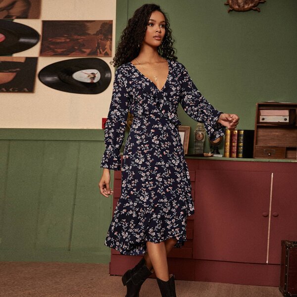 

Ditsy Floral Ruffle Hem Wrap Dress, Navy