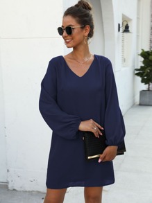 V-neck Blouson Cuff Tunic Dress