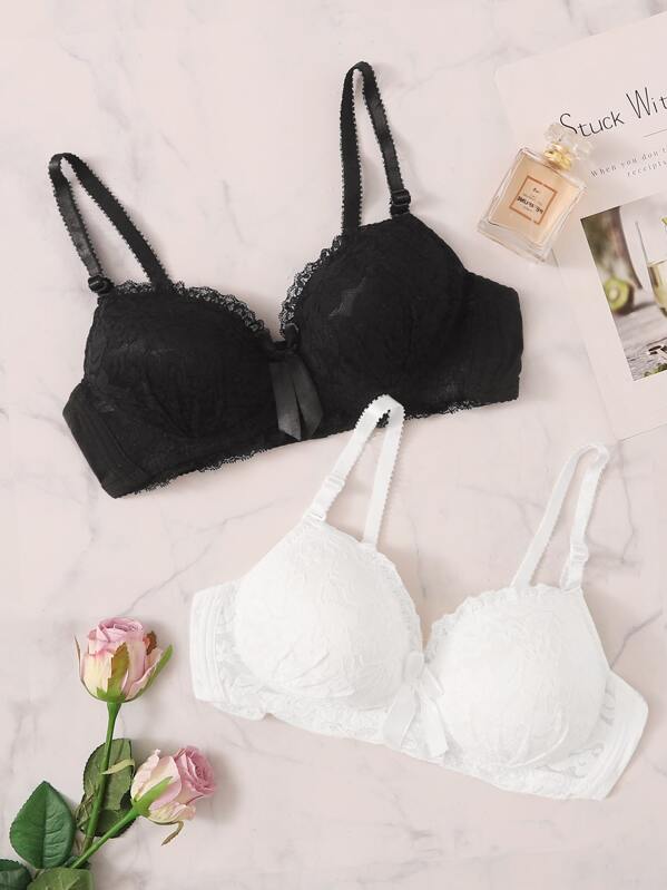 

2pack Floral Lace Bra Set, Black and white