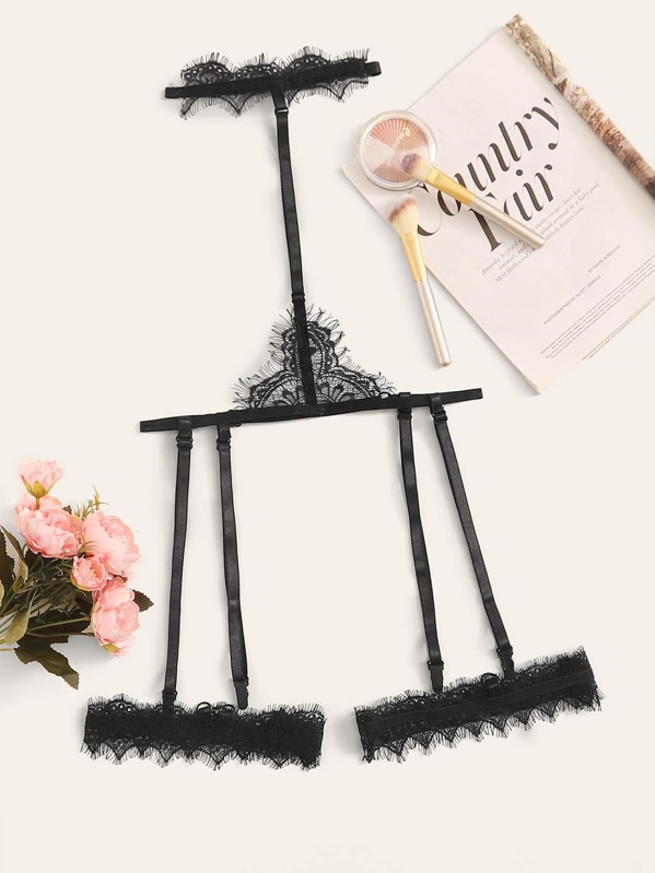 

Eyelash Lace Lingerie Choker With Garter, Black