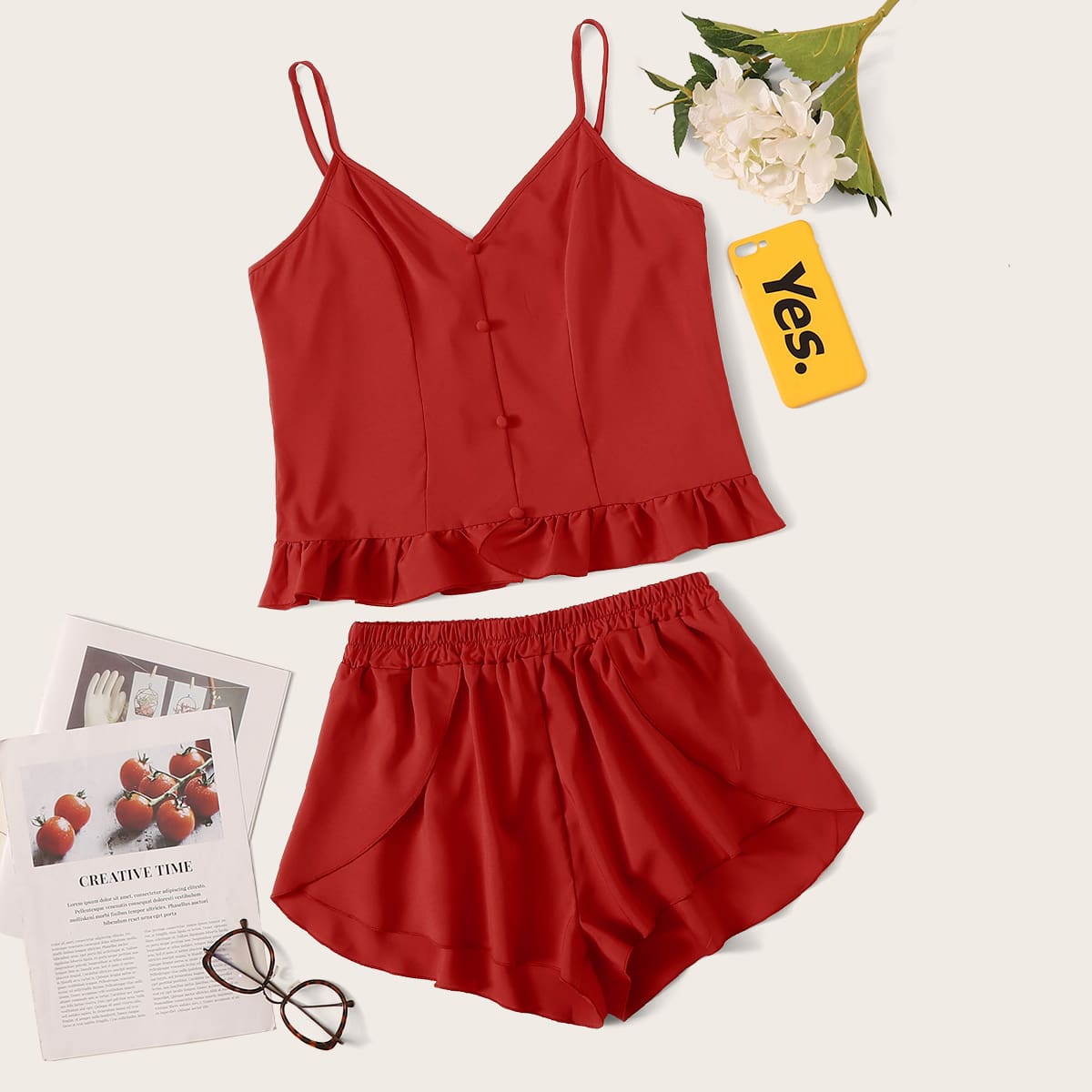 

Ruffle Hem Button Front PJ Set, Red