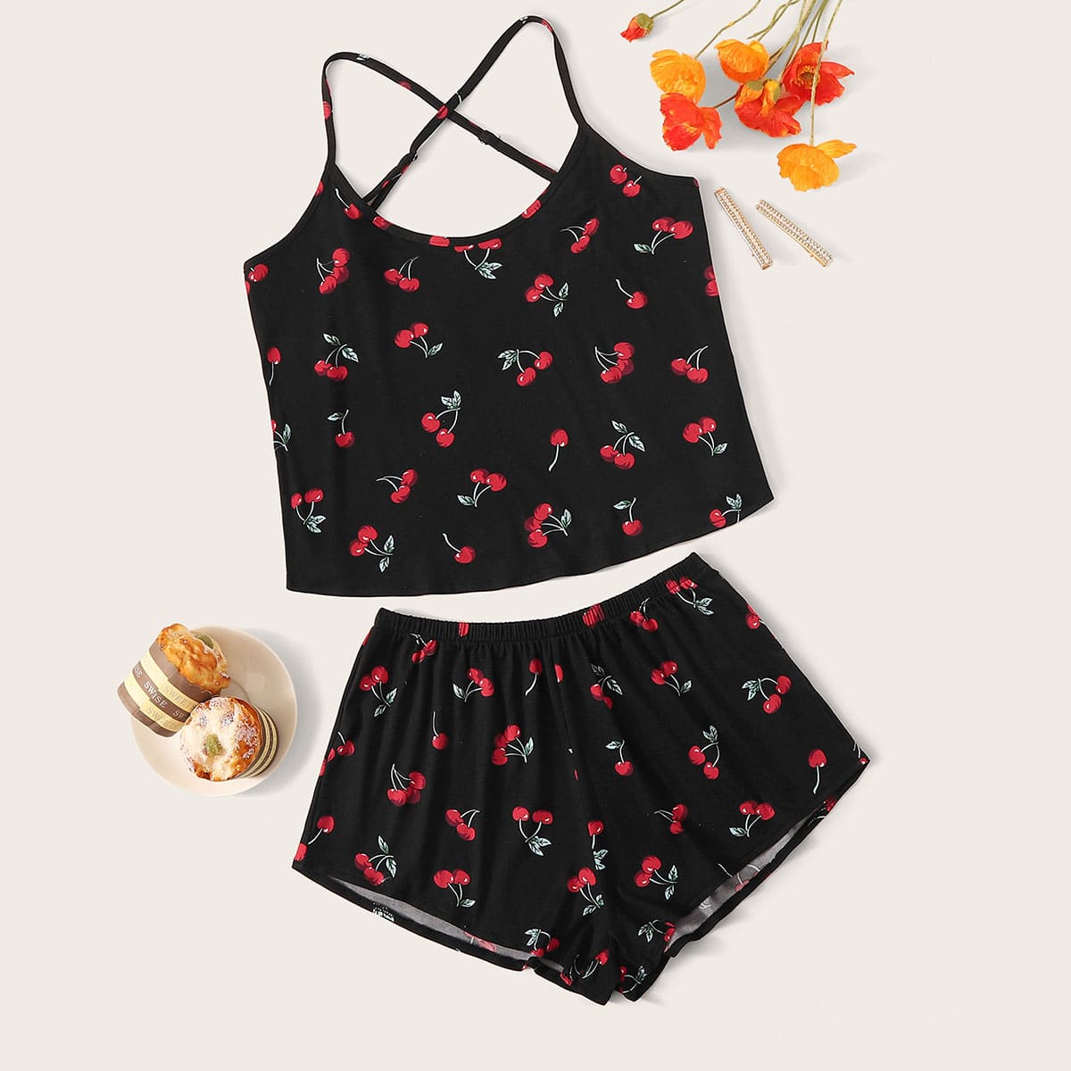 

Cherry Print Criss Cross PJ Set, Black