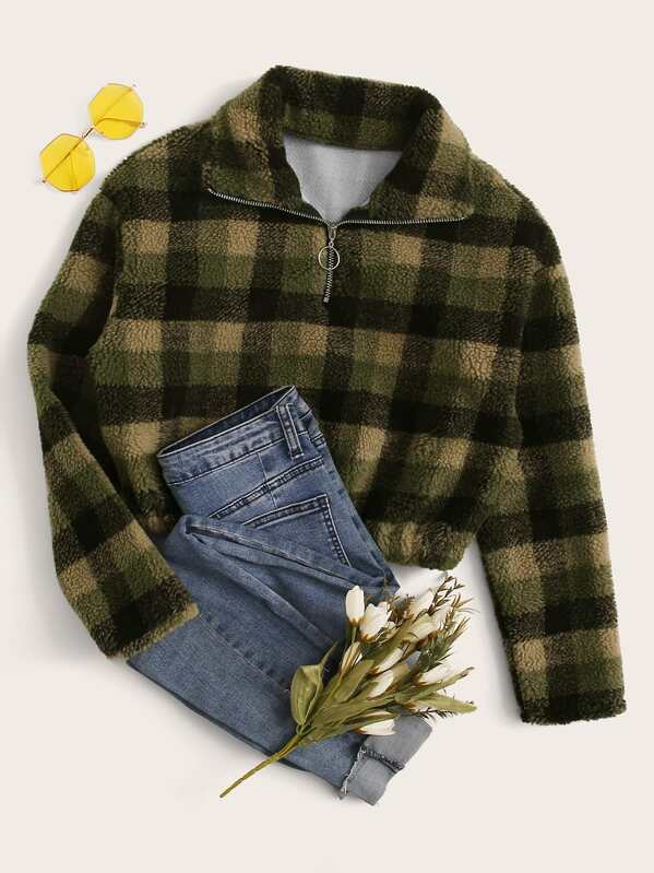 

Half Zip Plaid Teddy Sweatshirt, Multicolor