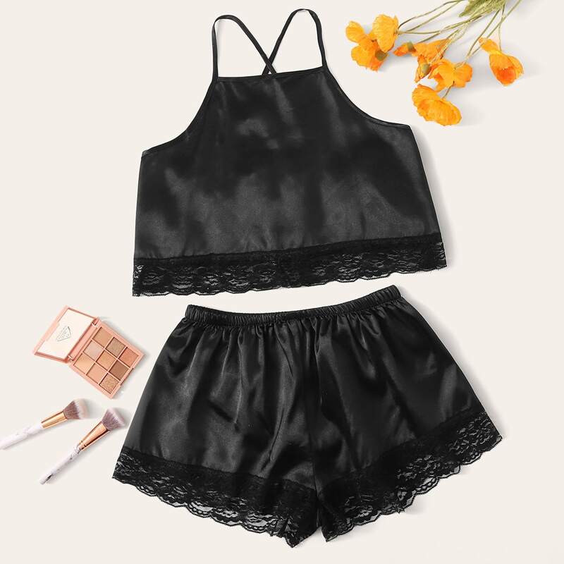 

Criss Cross Lace Trim Satin PJ Set, Black