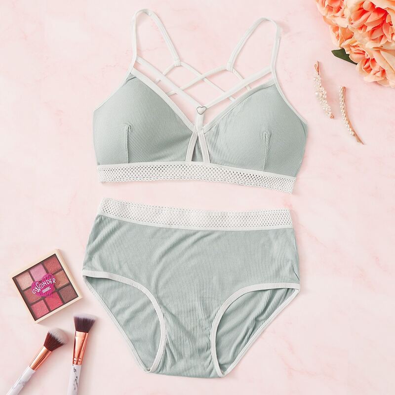 Rib Criss Cross Harness Lingerie Set, Grey pastel