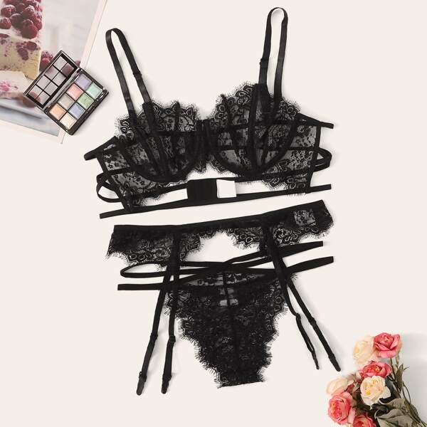 

Floral Lace Sheer Garter Lingerie Set, Black