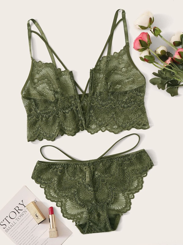 

Floral Lace Sheer Lingerie Set, Green