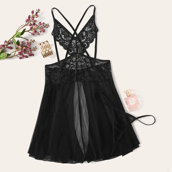 

Contrast Lace Sheer Mesh Slips With Thong, Black