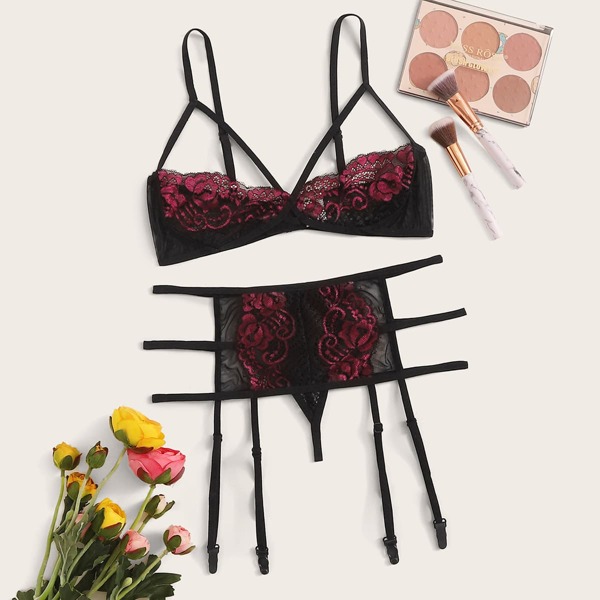 

Floral Lace Harness Lingerie Set With Garter, Burgundy