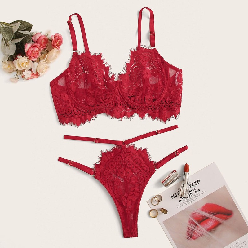 Floral Lace Underwire Lingerie Set, Rose red