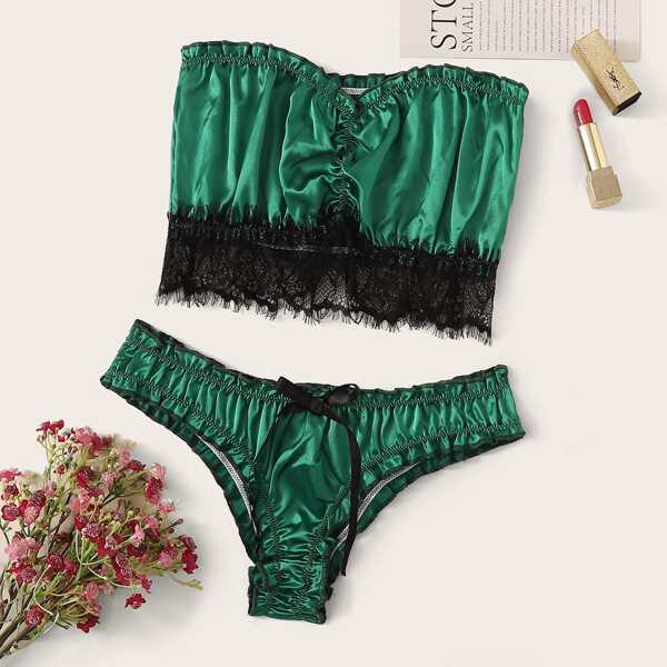 

Contrast Lace Satin Bandeau Lingerie Set, Green