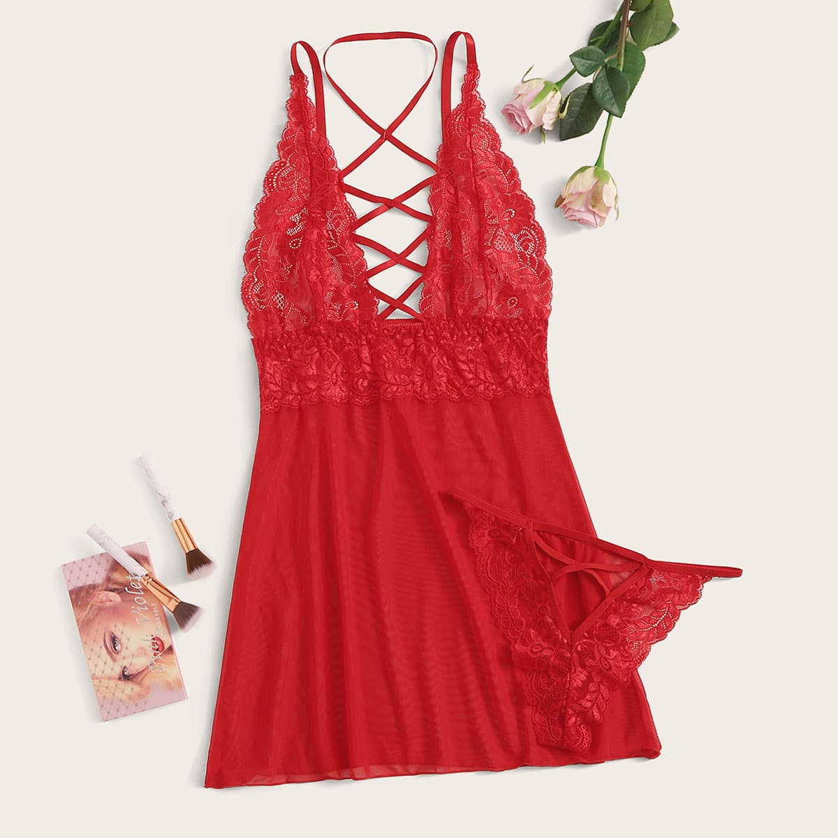 

Contrast Lace Sheer Mesh Slips With Thong, Red