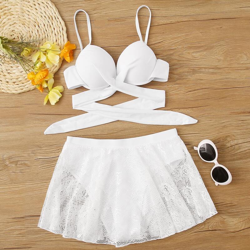 

Wrap Underwired Floral Lace Skort Bikini Swimsuit, White