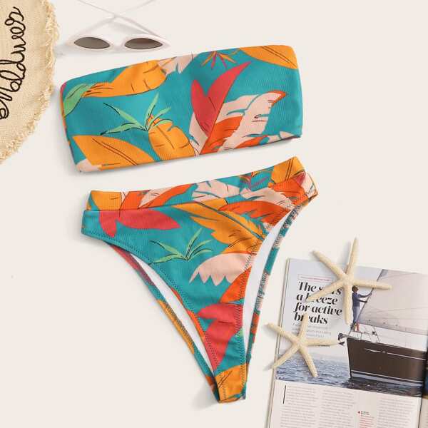 

Textured Tropical Bandeau Bikini Set, Multicolor