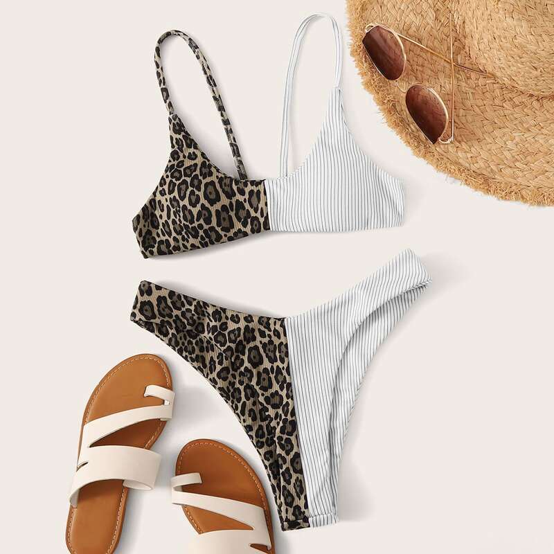 

Contrast Leopard Spaghetti Strap Bikini Set, Multicolor