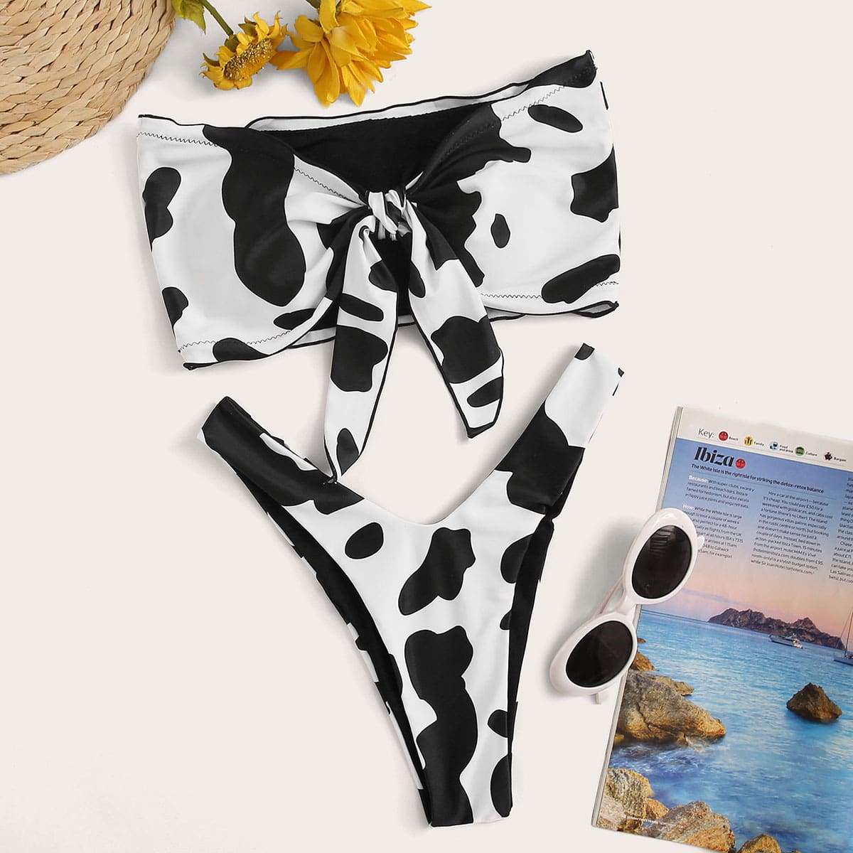 

Cow Pattern Knot Front Bandeau Bikini Set, Black and white