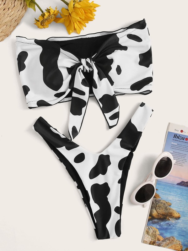 

Cow Pattern Knot Front Bandeau Bikini Set, Black and white